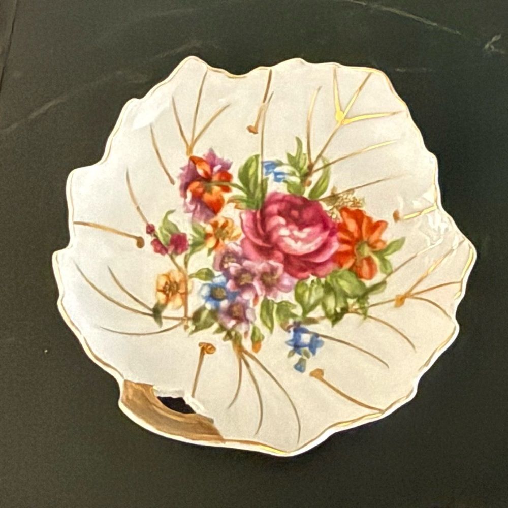 Vintage Viceroy China Pin Dish  Trinket Tray Floral, 5" Maple leaf gold rim